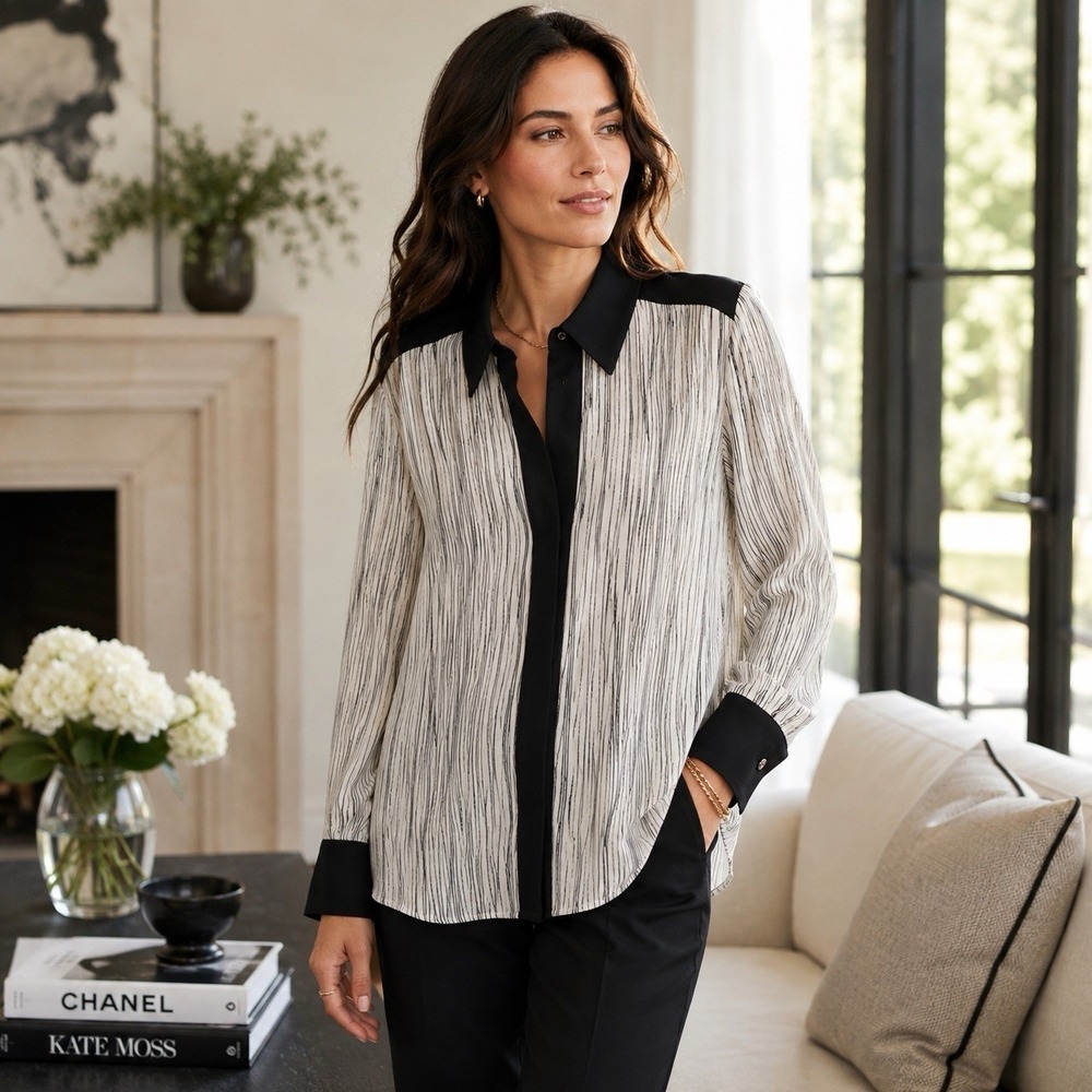 VINCE Wavy Striped Silk Blouse Womens L White Black‎ Button Up Contrast Trim